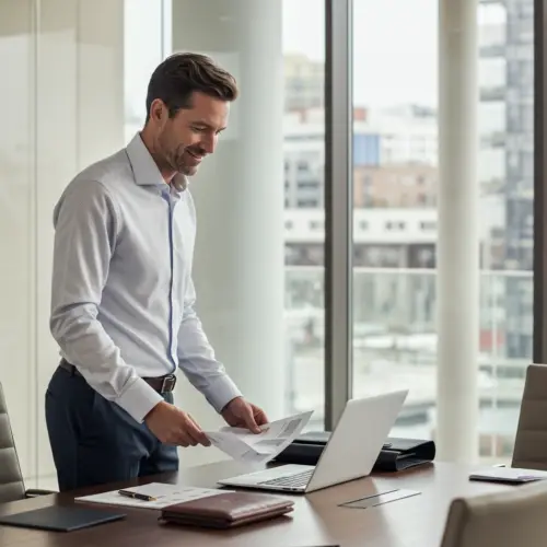 Professional man reviewing documents at an office desk with a laptop and window view.