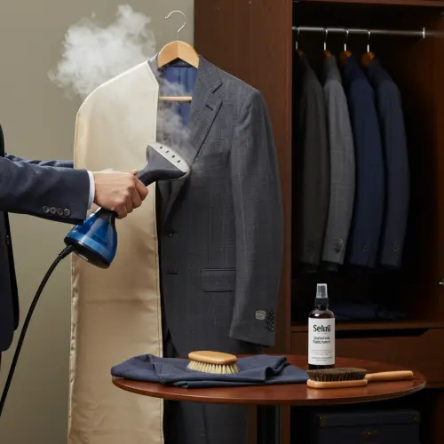 Steaming a gray tailored suit on a hanger with a garment steamer, brush, and fabric spray in a clothing store setting.