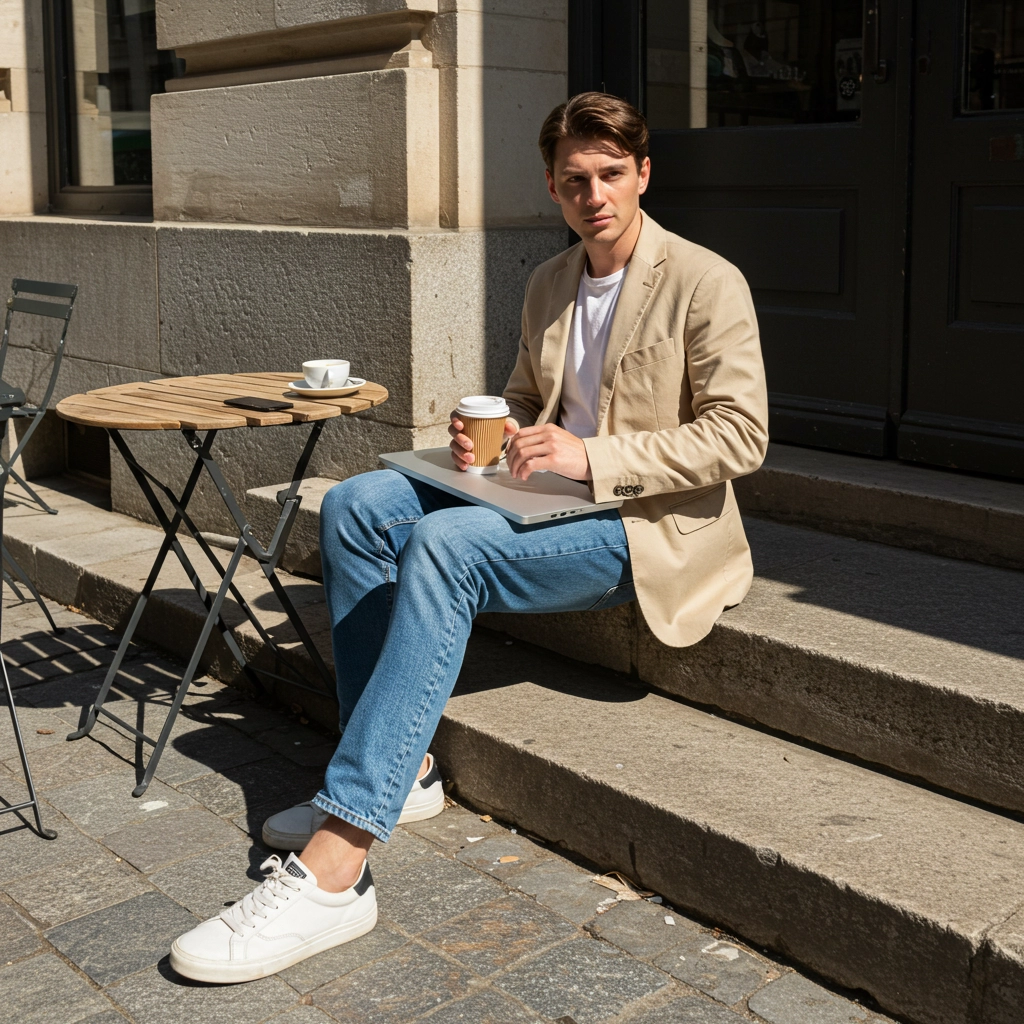 Man in casual attire enjoys coffee outdoors, holding a laptop on his lap, sitting near a café table.