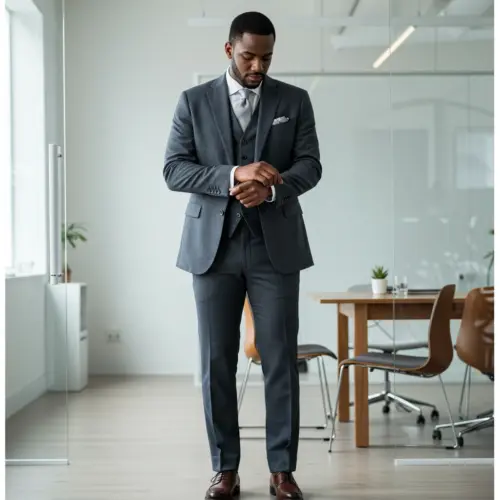 Man in a bespoke tailoring blue suit adjusting his sleeve in a modern office setting.
