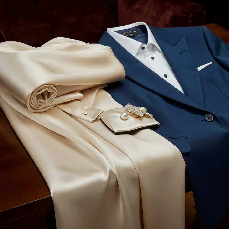 Elegant blue bespoke suit with cream silk fabric and pearl jewelry on a wooden table.