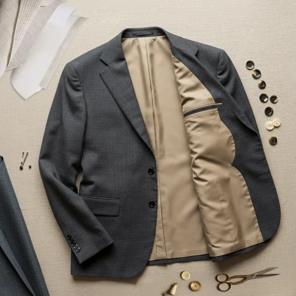 Gray suit jacket with beige lining, surrounded by tailoring tools and buttons on fabric background.