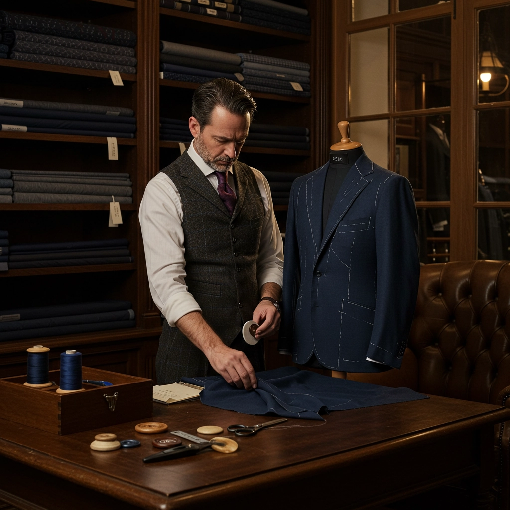 Tailor crafting a custom suit in a workshop, surrounded by fabrics and sewing tools. Luxury menswear tailoring.