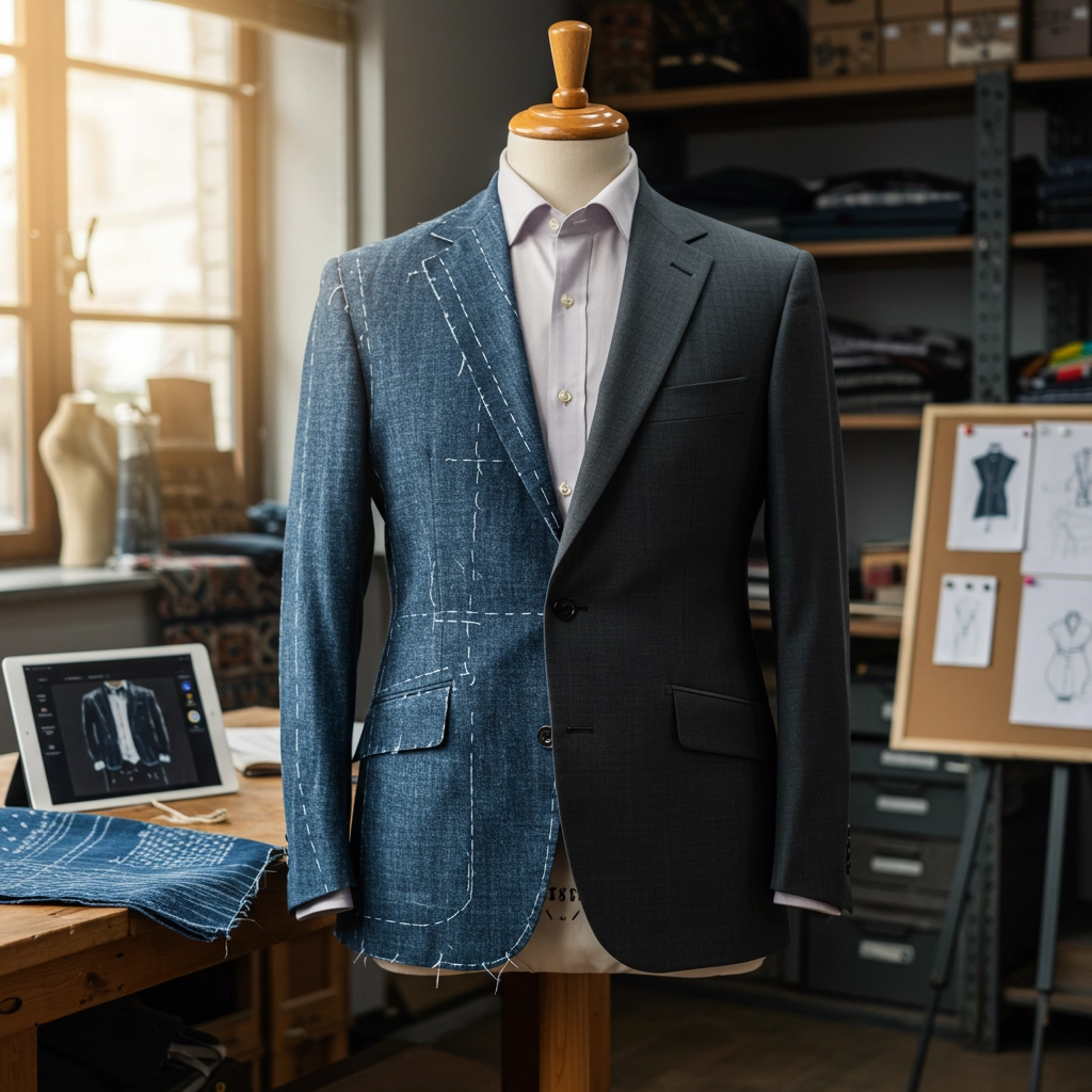 Tailored suit in progress on mannequin at a fashion studio with design sketches and fabric swatches nearby.
