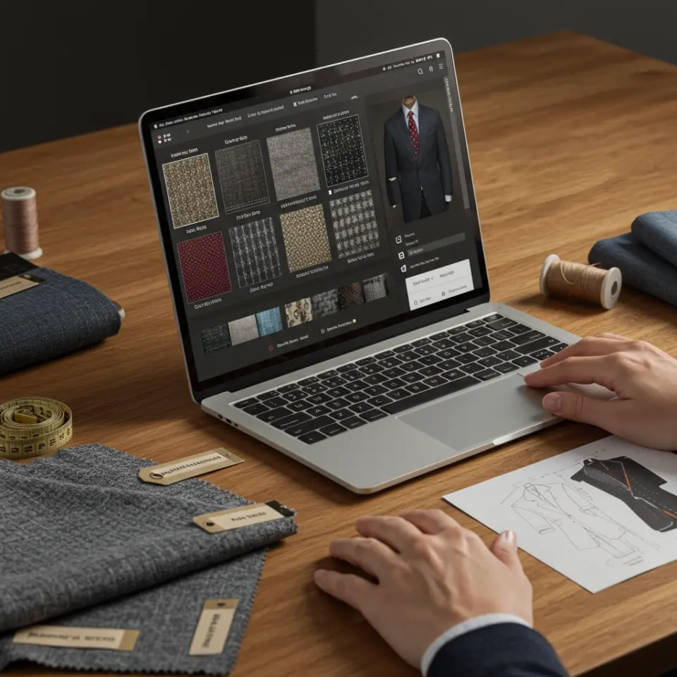 Person using a laptop to design a custom suit, with fabric swatches and tailoring tools on a wooden table.