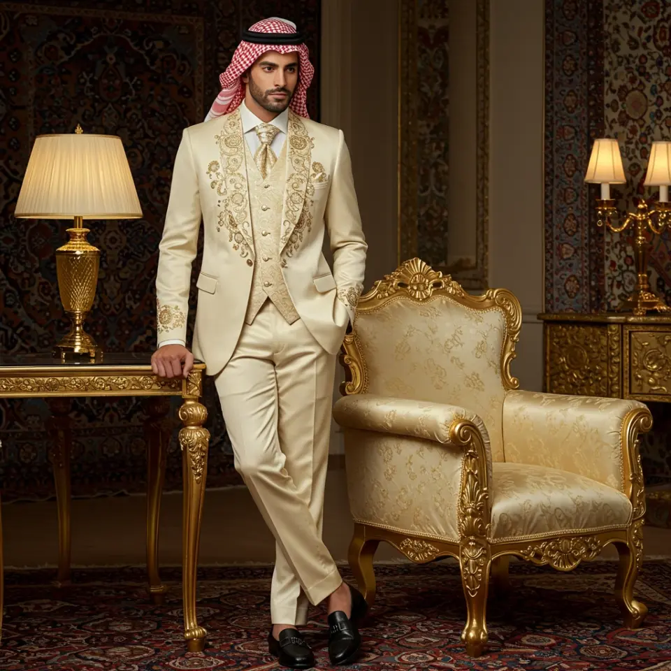 Man in an ornate cream suit with a red keffiyeh, leans on a luxurious gold-trimmed chair in an elegant room setting.