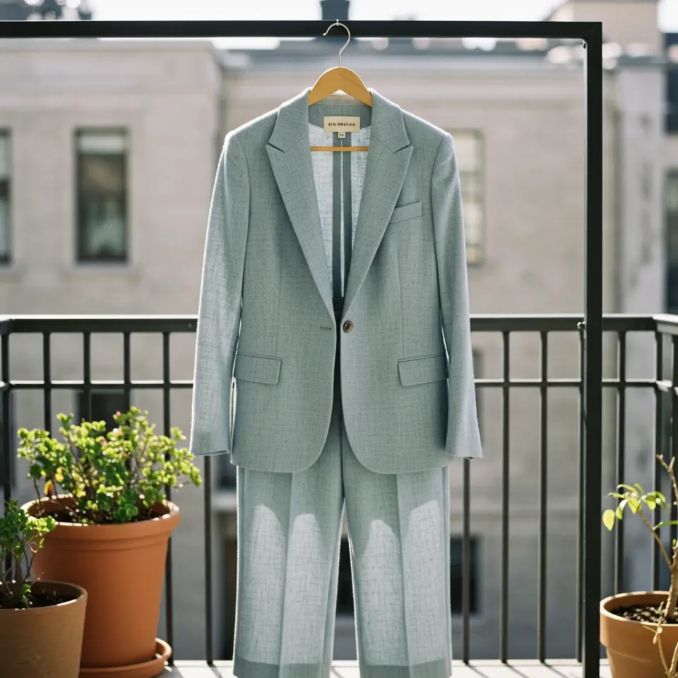 Light blue suit on a hanger outside, with plants in the background. Perfect for modern office fashion.