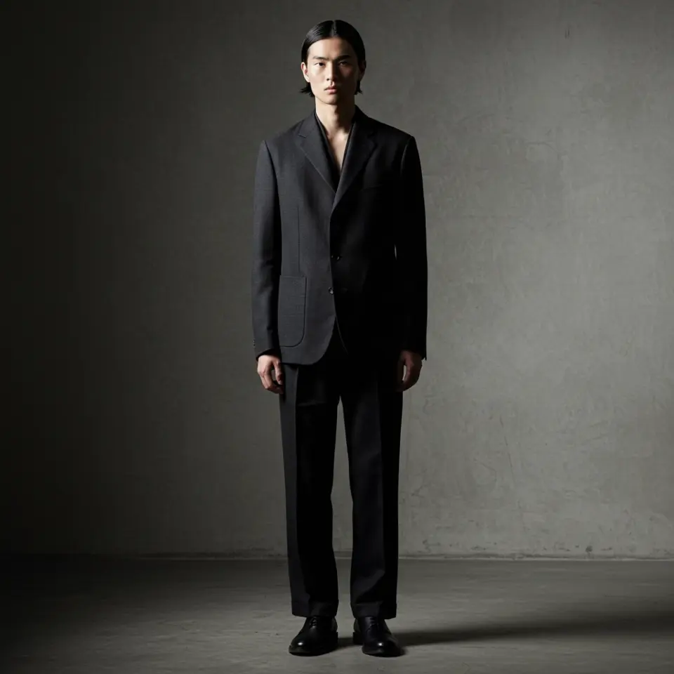 Stylish man in dark bespoke tailoring suit standing against a textured gray wall, exuding elegance and modern fashion.