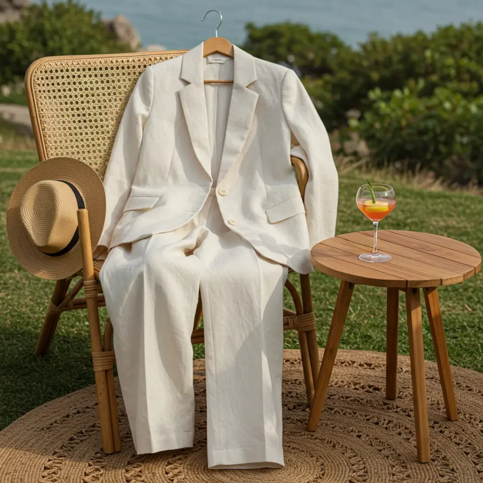White linen suit on a chair with a straw hat, beside a small table holding a cocktail, set on a grassy outdoor area.