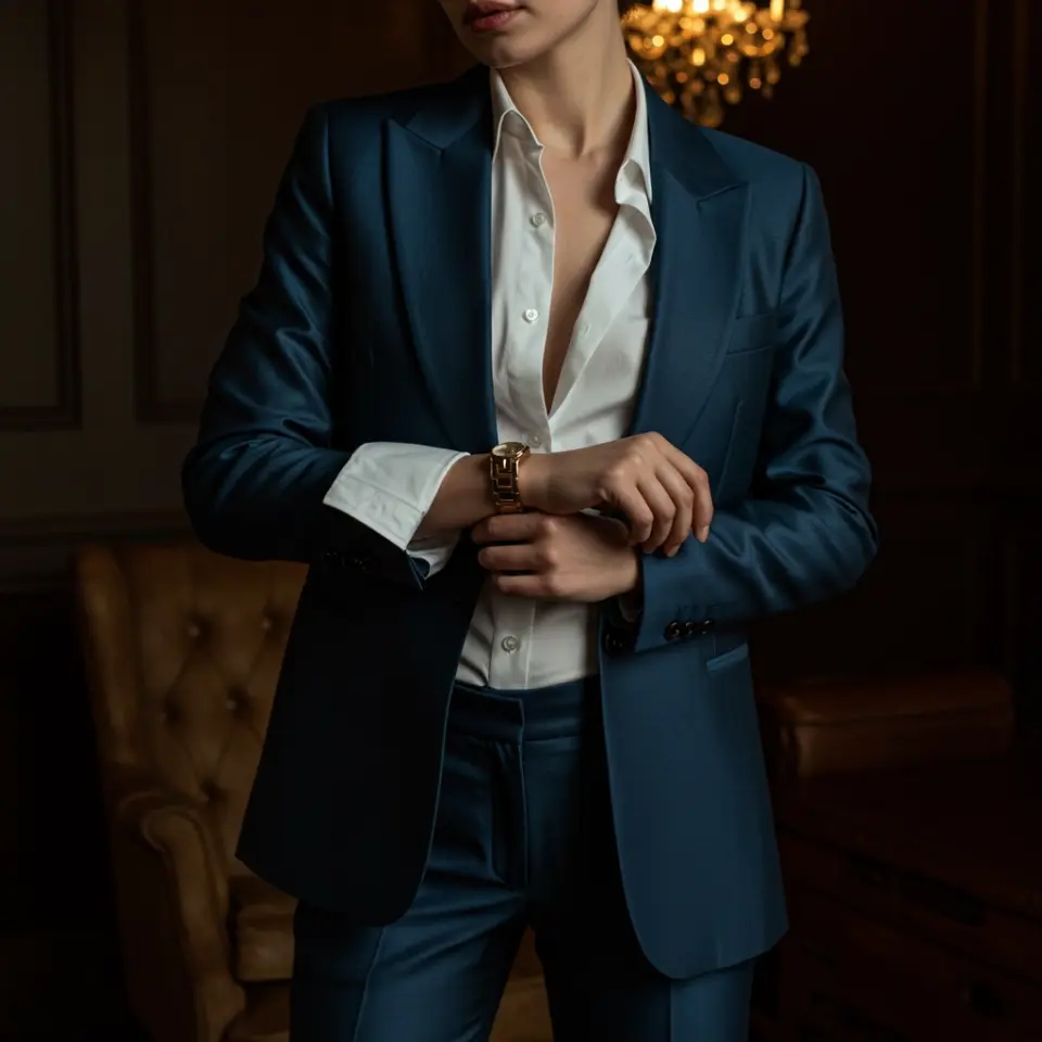 Person in a stylish blue suit adjusting gold watch in elegant setting with chandelier and leather chair.