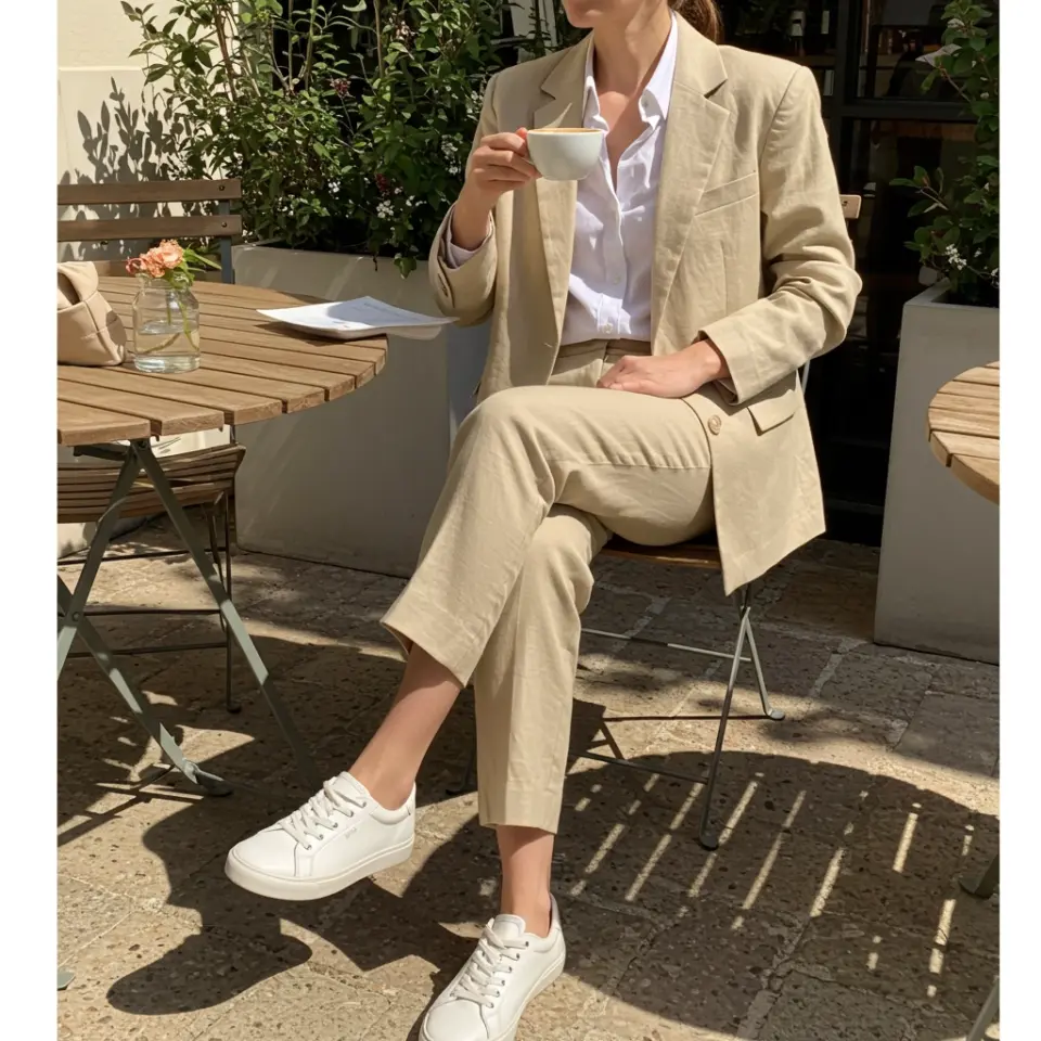 Woman in beige suit enjoying coffee at outdoor cafe table, blending style with relaxation.