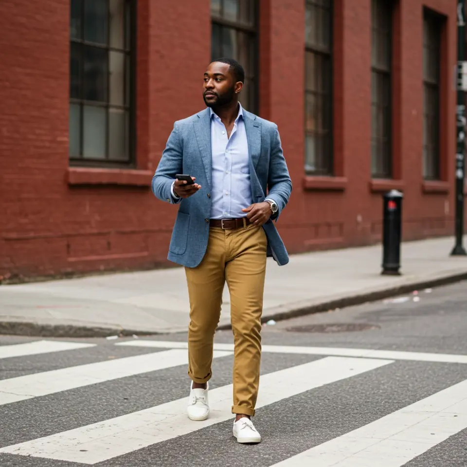 Man in blue blazer and khaki pants crossing street, holding phone, with red brick building background. Stylish urban scene.