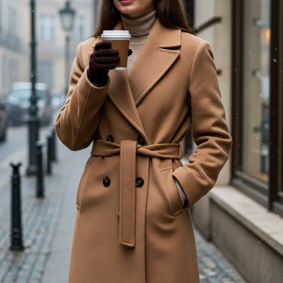 Woman in stylish camel coat holding a coffee cup on a city street during winter.