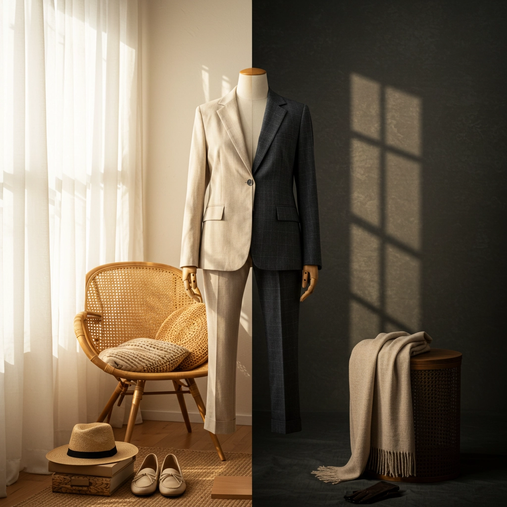 Two-toned suit on a mannequin, sunlight casts shadows, beside a wicker chair with accessories, contrasting elegant decor.