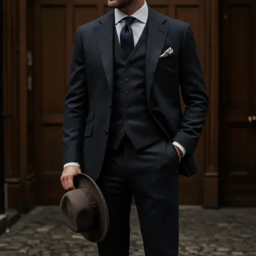 Man in a dark three-piece suit holding a brown hat, standing against a wooden door in a cobblestone setting.