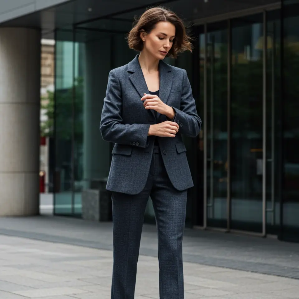 Businesswoman in a bespoke tailoring suit standing confidently outside a modern office building.