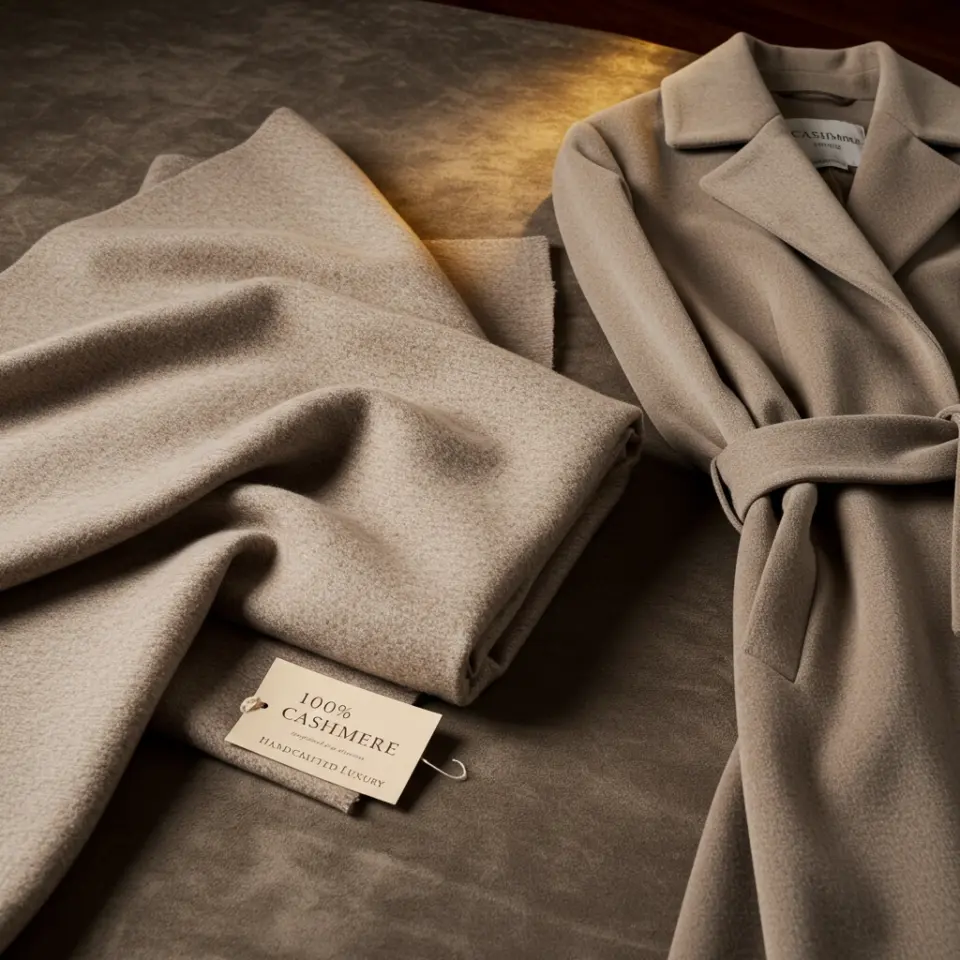Luxurious beige cashmere fabric and coat with a label stating 100% Cashmere Handcrafted Luxury.