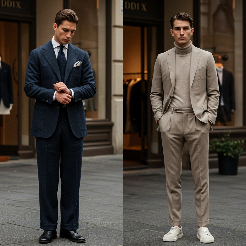 Two men modeling elegant suits; dark navy formal and light beige casual, outside a boutique.