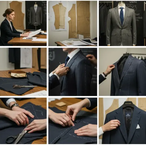 Collage of the bespoke clothing creation process: design, fitting, craftsmanship, and final custom garment.