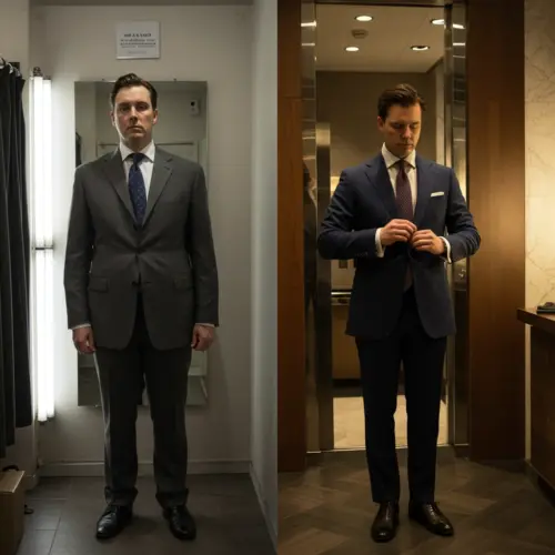 Two men in suits, side by side, showcasing contrasting styles: one gray and formal, the other blue and polished.