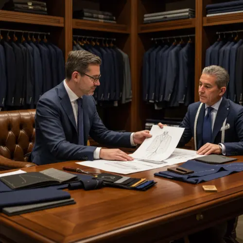 Two men discussing bespoke clothing design in a tailor shop surrounded by fabrics and suits.