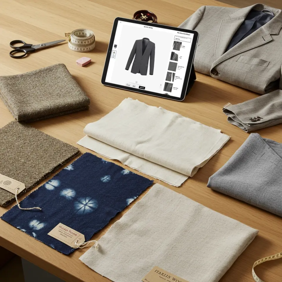 Tailoring setup with fabric samples, digital suit design, scissors, tape measure, and a jacket on a wooden table.