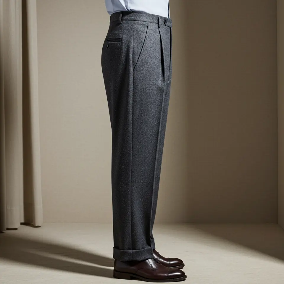 Gray classic bespoke trousers with cuff detail, paired with brown leather shoes, side view against neutral background.