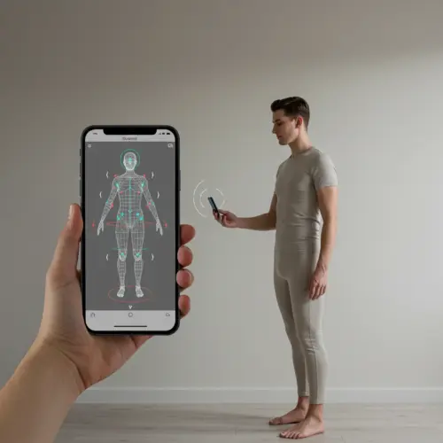 Person scanning body with smartphone app, displaying 3D model on screen for digital measurement and analysis as a process of bespoke tailor online