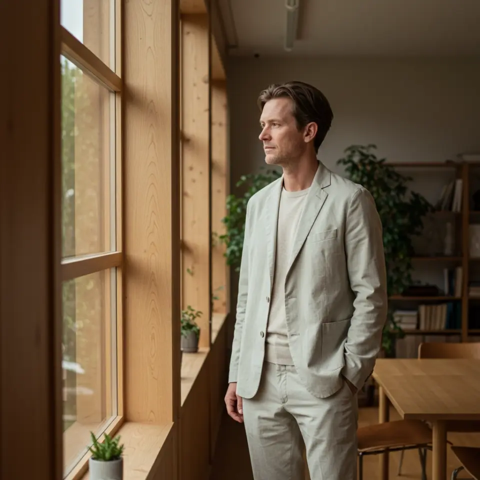 Man in beige suit gazing out window, standing in modern office with plants. Natural light highlights wooden decor.