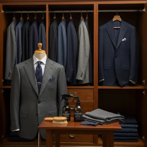 Elegant men's suits displayed in a wooden wardrobe, with cleaning supplies and fabric care items on a table.