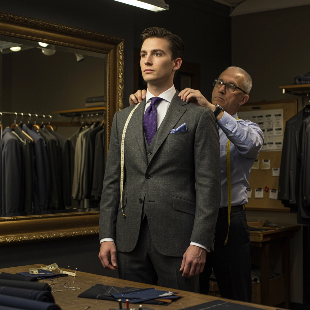 Tailor measuring client for a custom suit fitting in a boutique, showcasing precision and craftsmanship.