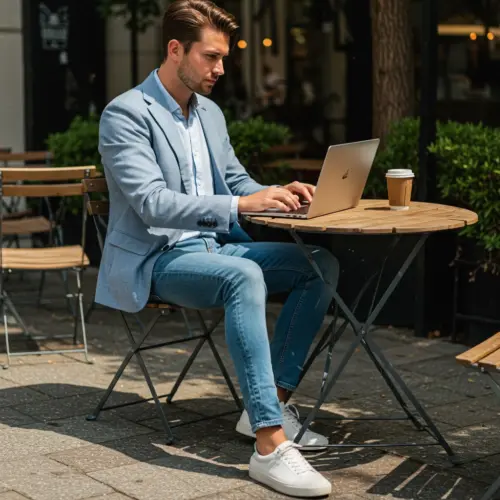 Man in blue blazer working on laptop outdoors at a cafe table with coffee, showcasing remote work lifestyle.
