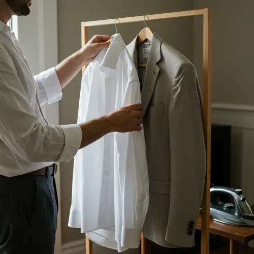 Man choosing outfit with white shirt and grey suit on hanger, near ironing board.