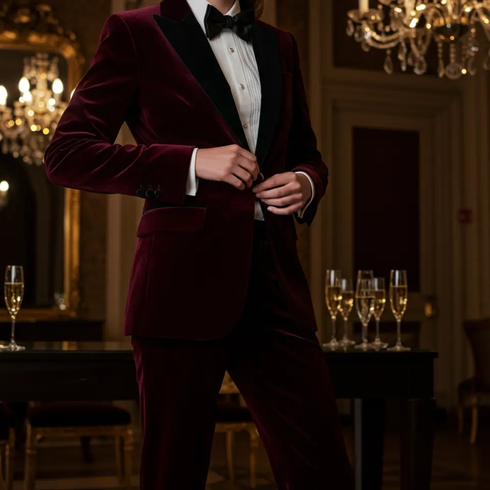 Person in a burgundy velvet suit adjusting jacket in an elegant room with champagne glasses and chandeliers.
