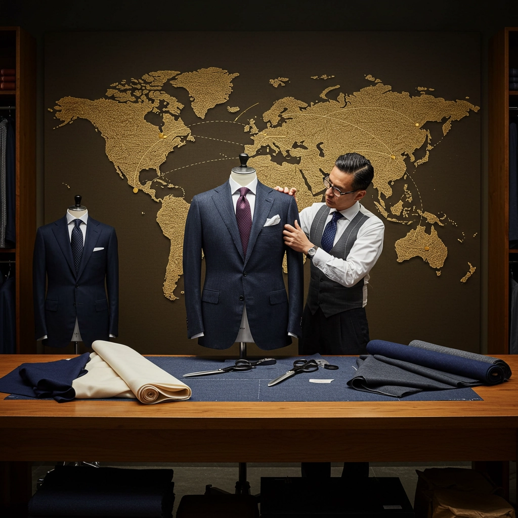 Tailor adjusting a navy suit on a mannequin, with fabric rolls and a world map in the background.
