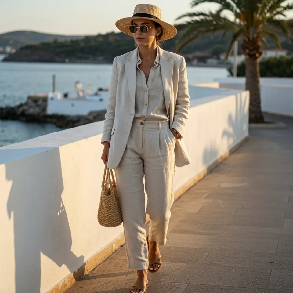 Woman in linen suit and hat walking near ocean, holding woven bag under palm trees at sunset.