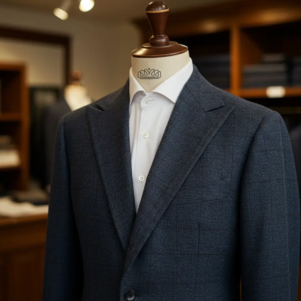 Navy blue suit jacket on mannequin in elegant tailor shop, showcasing classic menswear style and craftsmanship.