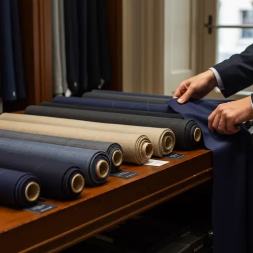 Person selecting fabric rolls in various colors on a wooden table in a tailor shop.