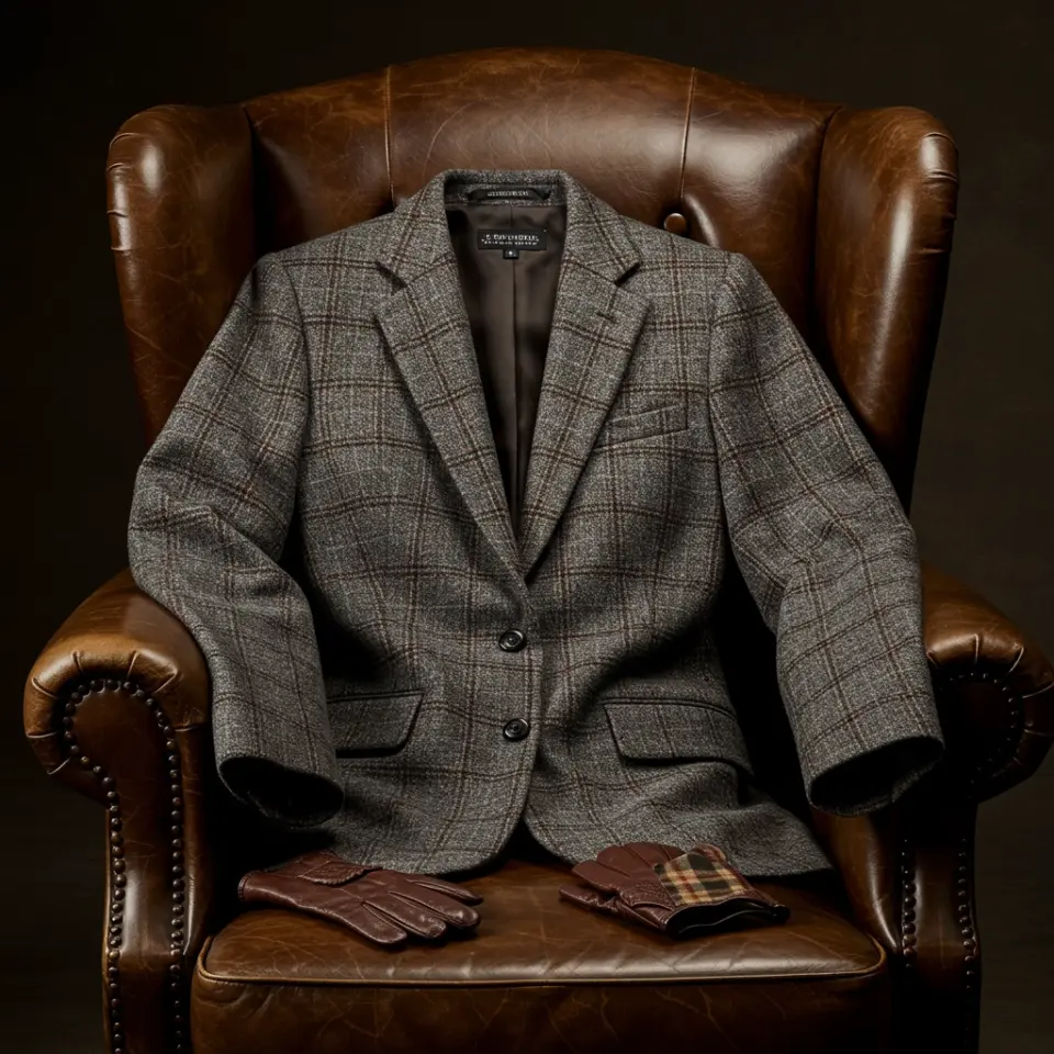 Plaid blazer draped on a leather chair with brown gloves, exuding timeless elegance and style.
