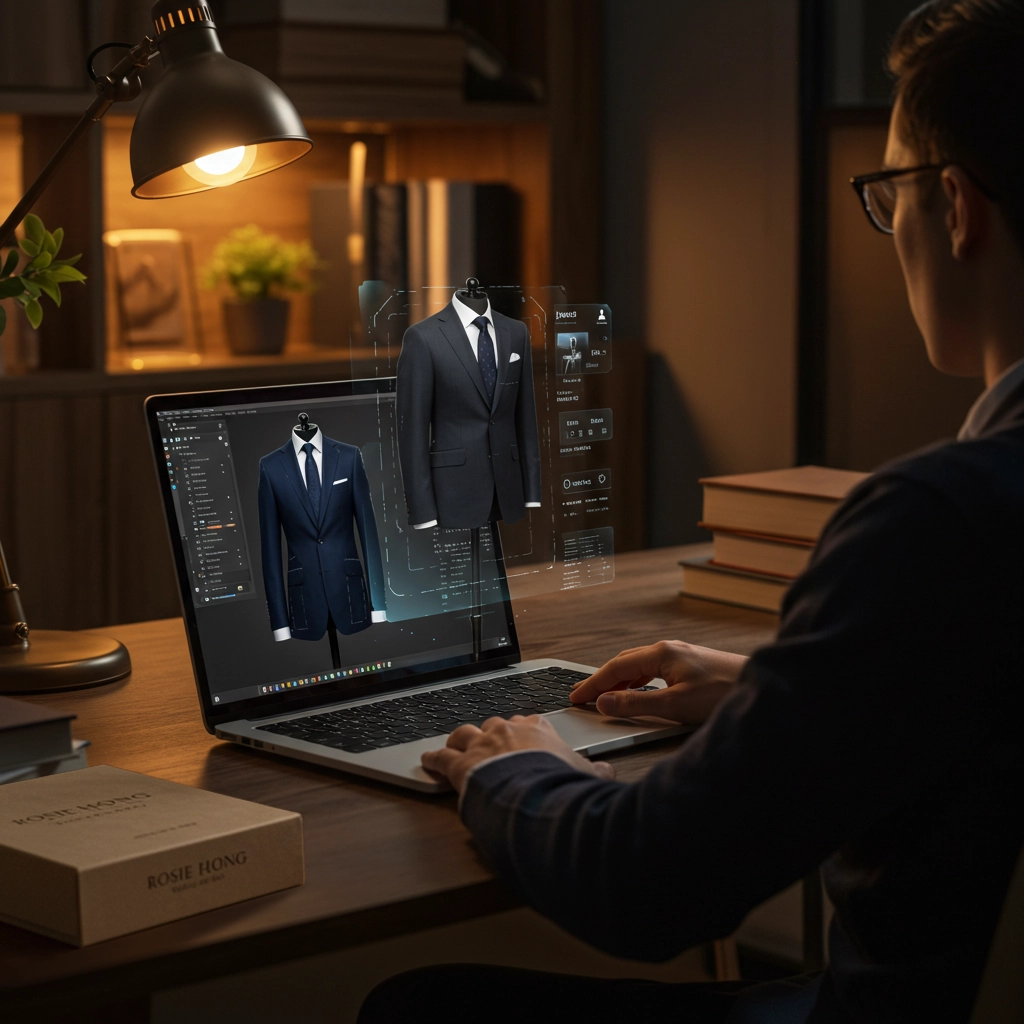 Person designing a digital suit on a laptop in a modern, dimly-lit study room with books in the backdrop.