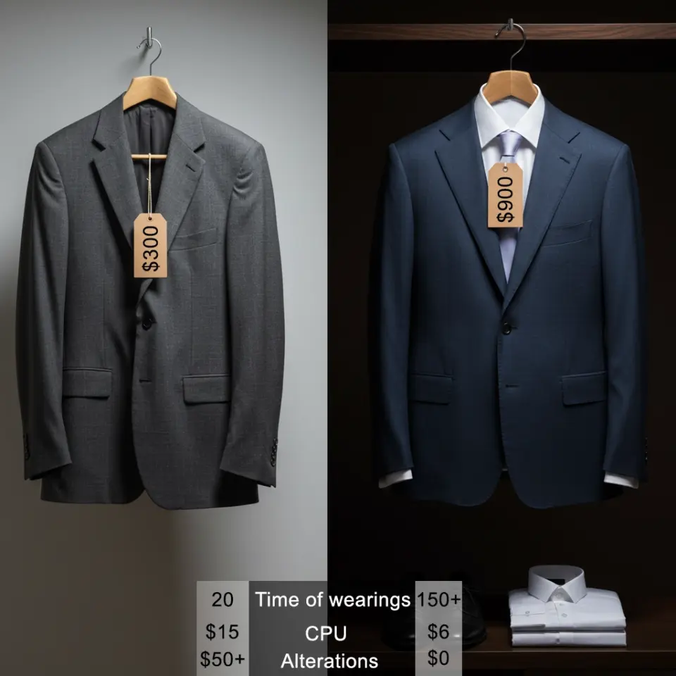 Comparison of two suits with prices and costs per wear. Grey suit at $300, navy bespoke tailored suits at $900 with detailed metrics.