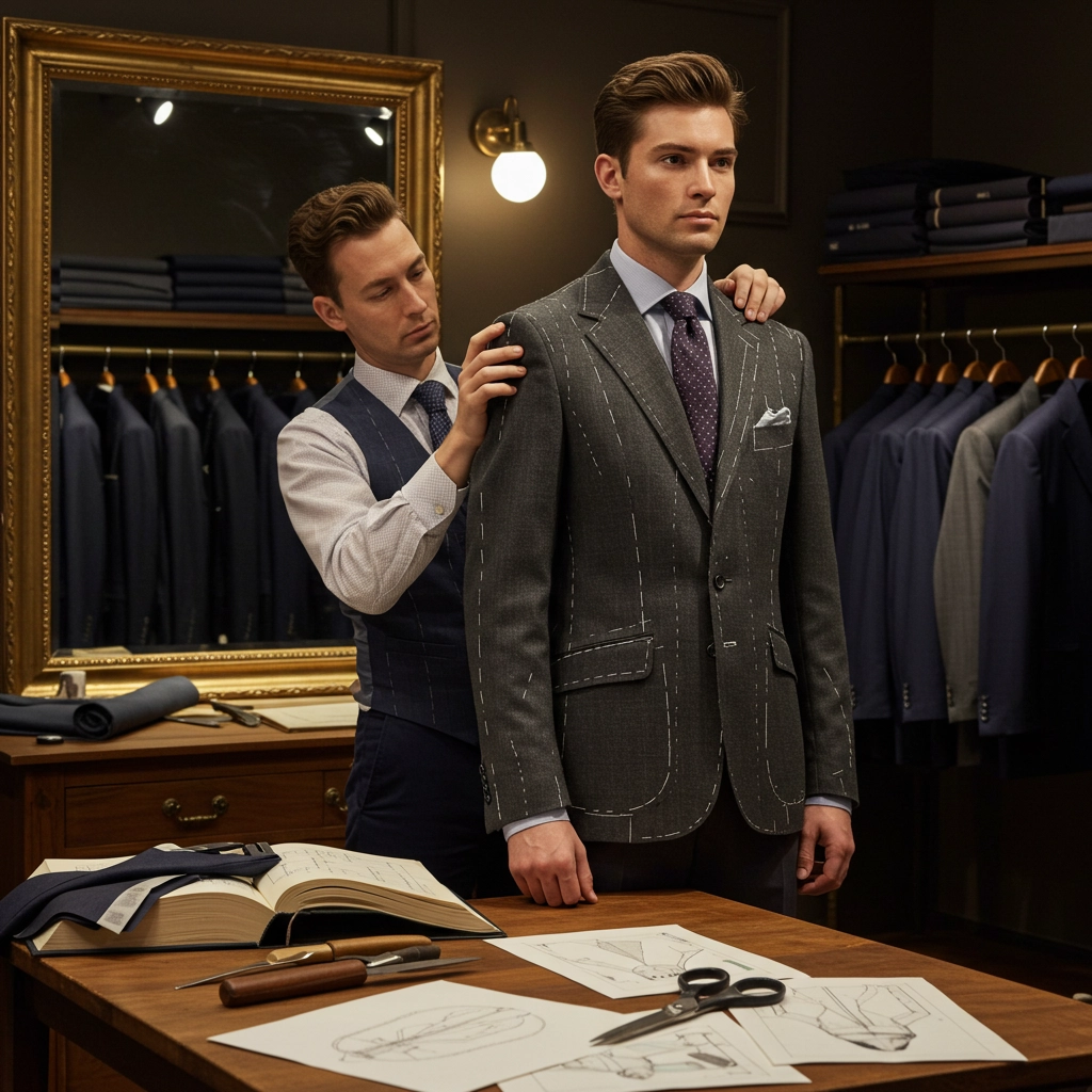 Tailor adjusting bespoke suit on client in elegant tailor shop with fitting tools and suits on display.
