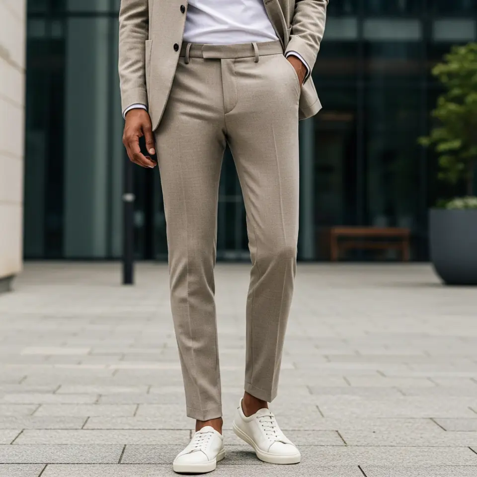 Man in stylish beige suit with white sneakers standing on urban pavement.