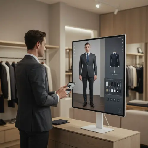Man using digital fitting room technology for custom suit shopping in a modern store.