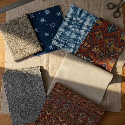 Various colorful fabric swatches on a wooden table; patterns include tie-dye, tribal, and textured designs, often selected for bespoke tailoring garments.