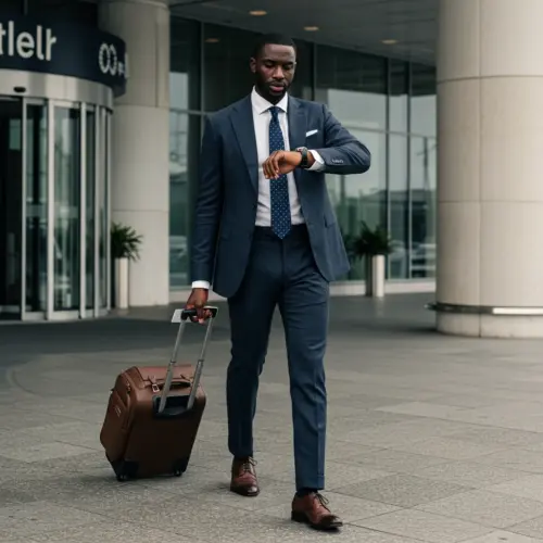 Businessman in a bespoke clothing walking outside airport with luggage, checking watch, looking professional and ready for travel.
