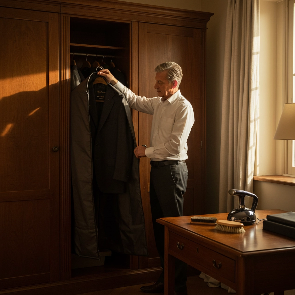 Man selecting a suit from a wooden wardrobe in a sunlit room with a desk holding an iron and brushes.