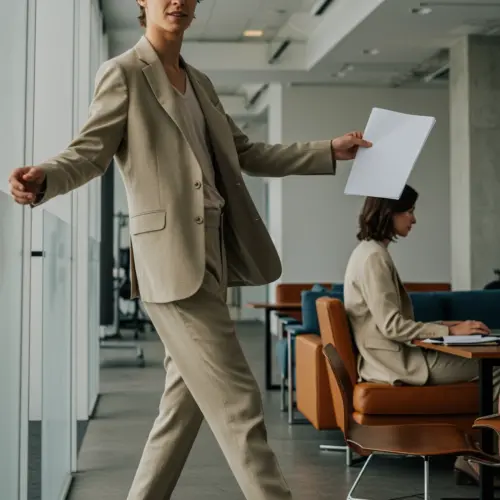 Person in beige suit walking in modern office, holding documents, with colleague working at desk. Business environment.