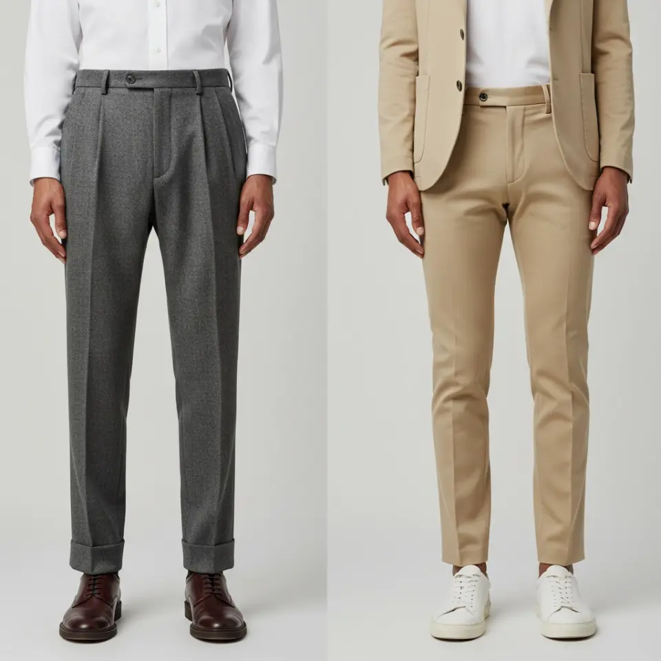 Two men's outfits: grey dress pants with dress shoes, and beige suit with white sneakers, both paired with white shirts.