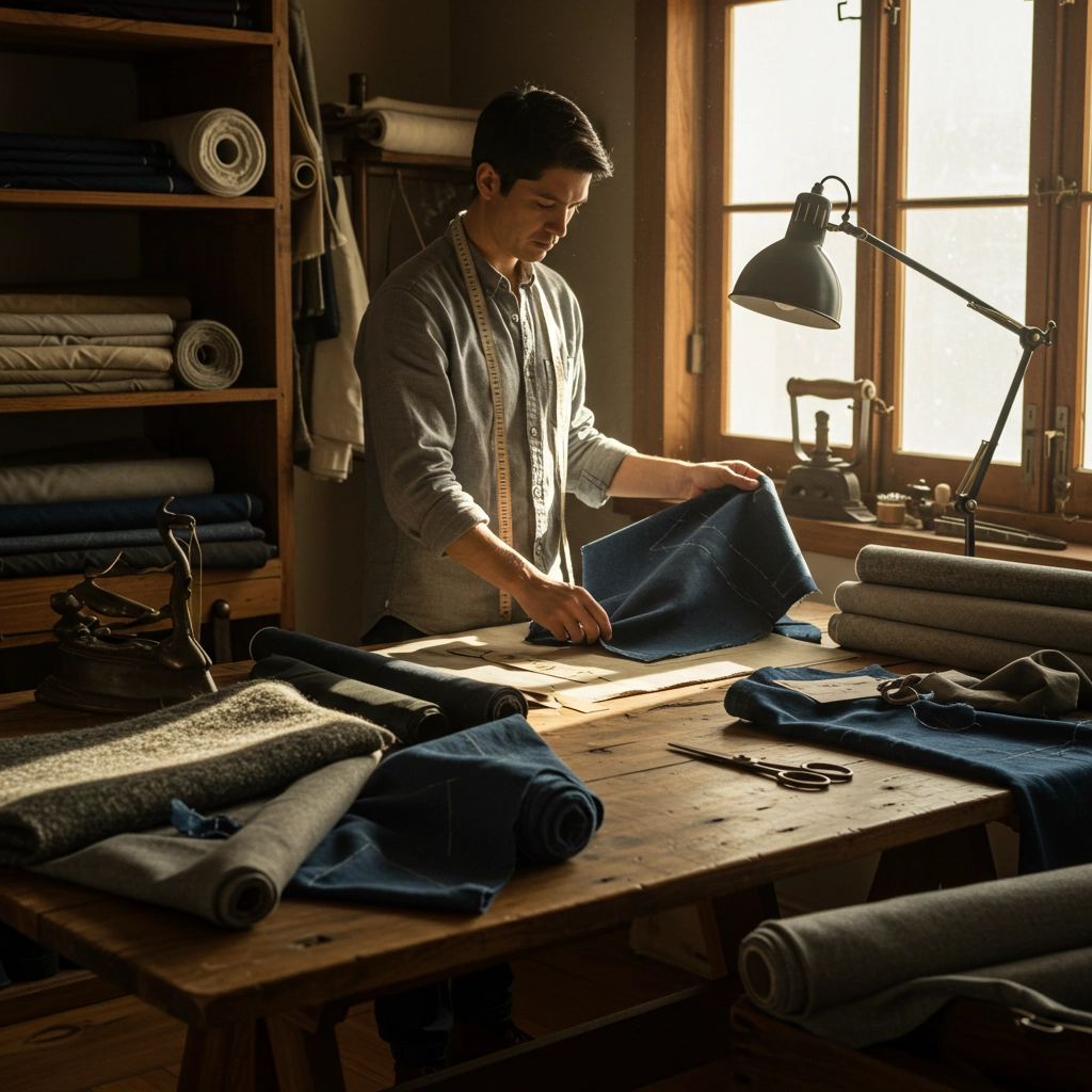 Tailor in a workshop arranging fabric on a wooden table surrounded by textiles, scissors, and sewing tools.